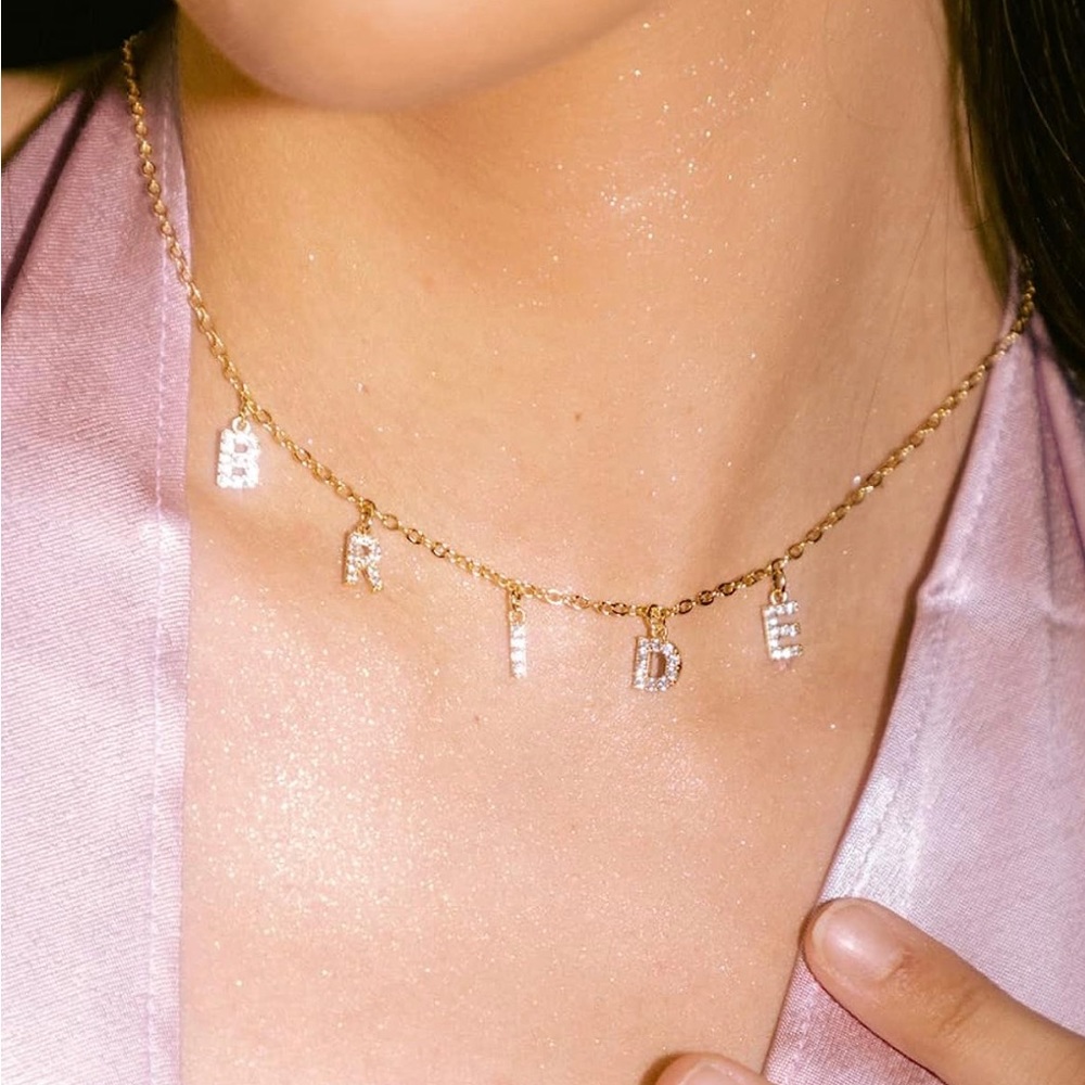 Bride Necklace, 14", Gold Charm Letter Cubic Zirconia Jewelry
